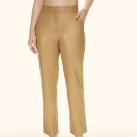 Babaton Aritzia Command Sz 8 Pants Mid Rise Vegan Leather Straight Leg Taupe Tan - Picture 1 of 10